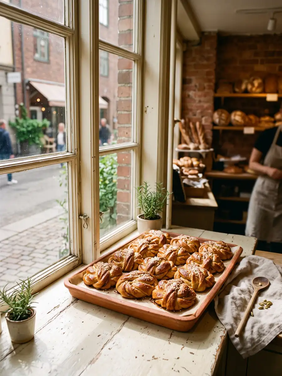 Tray of just-baked cardamom buns cooling by the bakery window