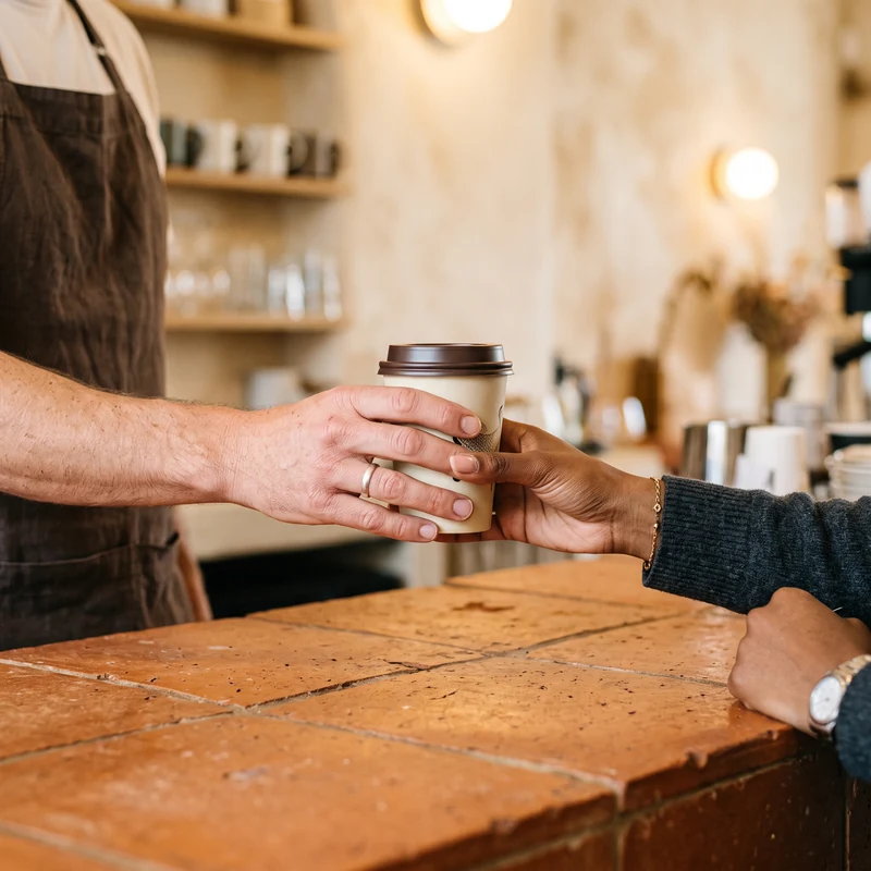 Barista handing a takeaway coffee across the terracotta counter