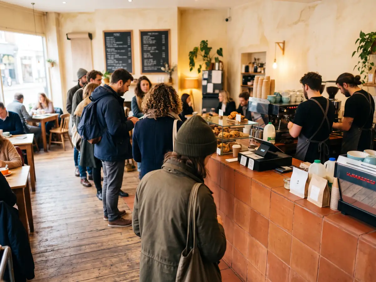 Customers queuing at the counter on a busy Saturday morning