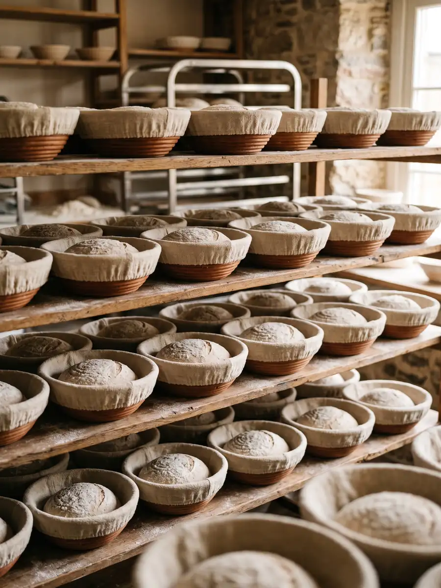 Rows of sourdough loaves proofing in linen-lined baskets