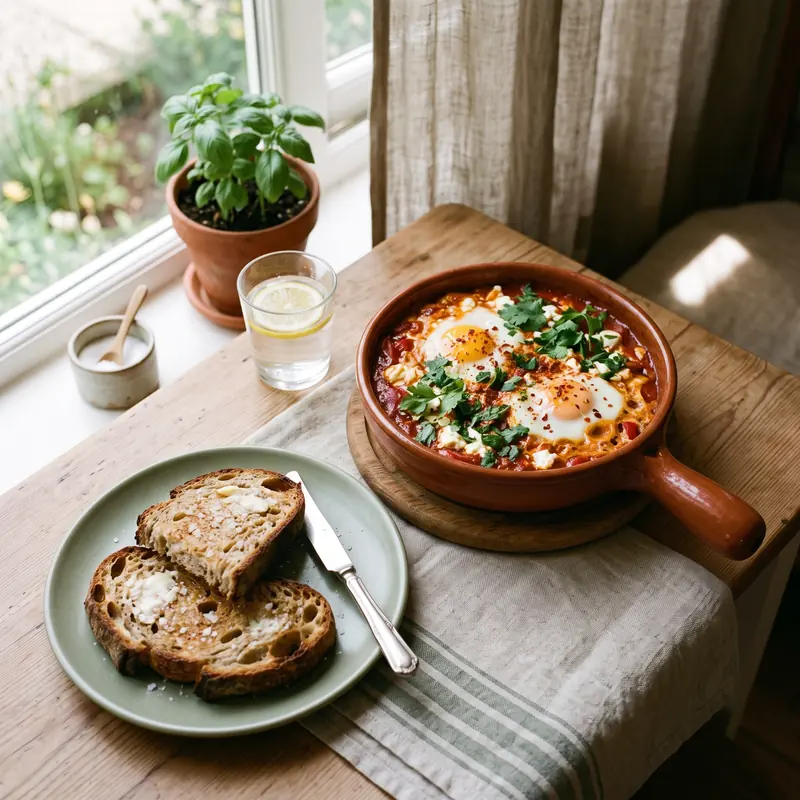 Shakshuka and sourdough toast plated at a window table
