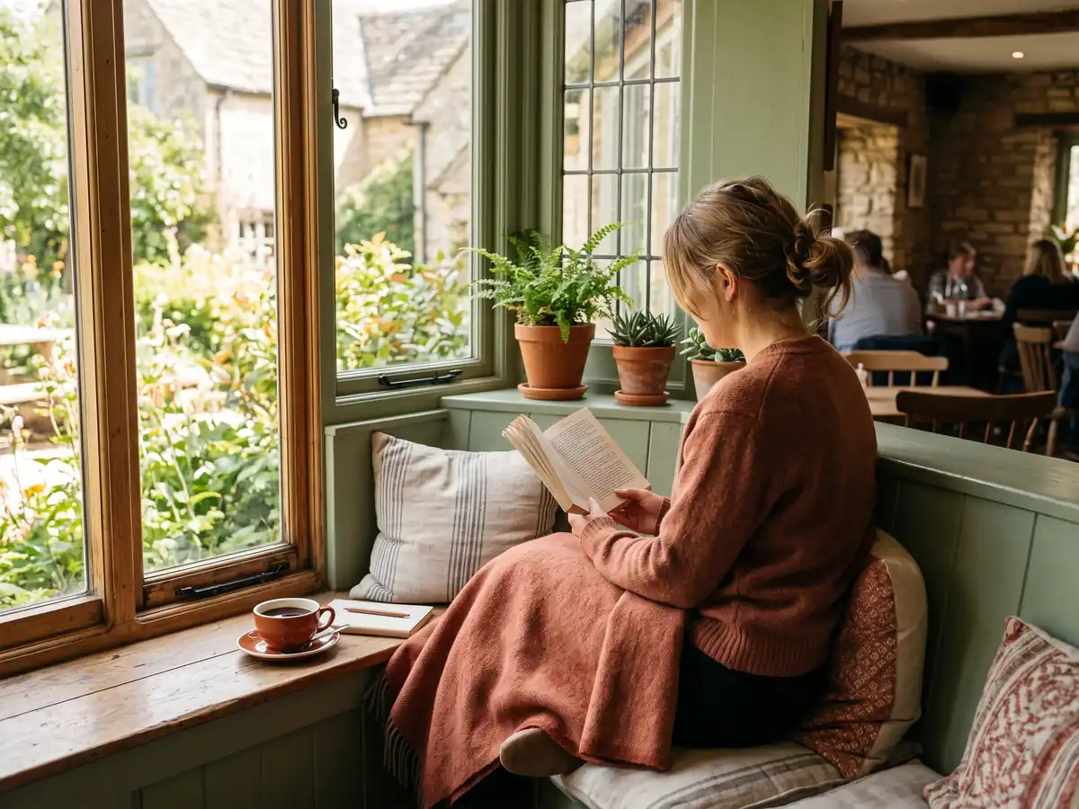 Sage-green window seating with a customer reading beside a coffee