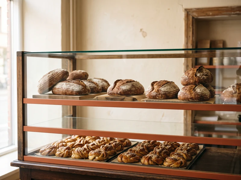 Glass bakery case with sourdough loaves and cardamom buns at Corner & Bloom