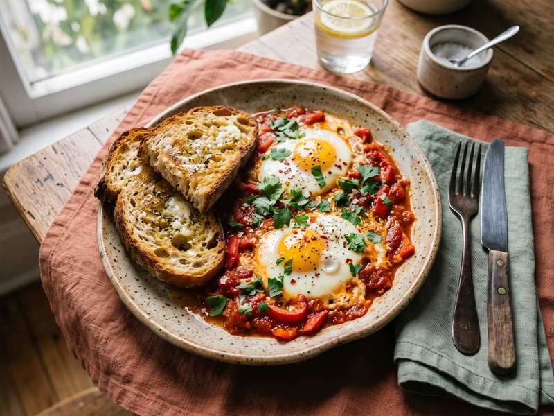 Shakshuka and sourdough toast plated for weekend brunch service