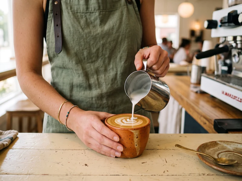 Barista pouring latte art into a terracotta-glazed cup