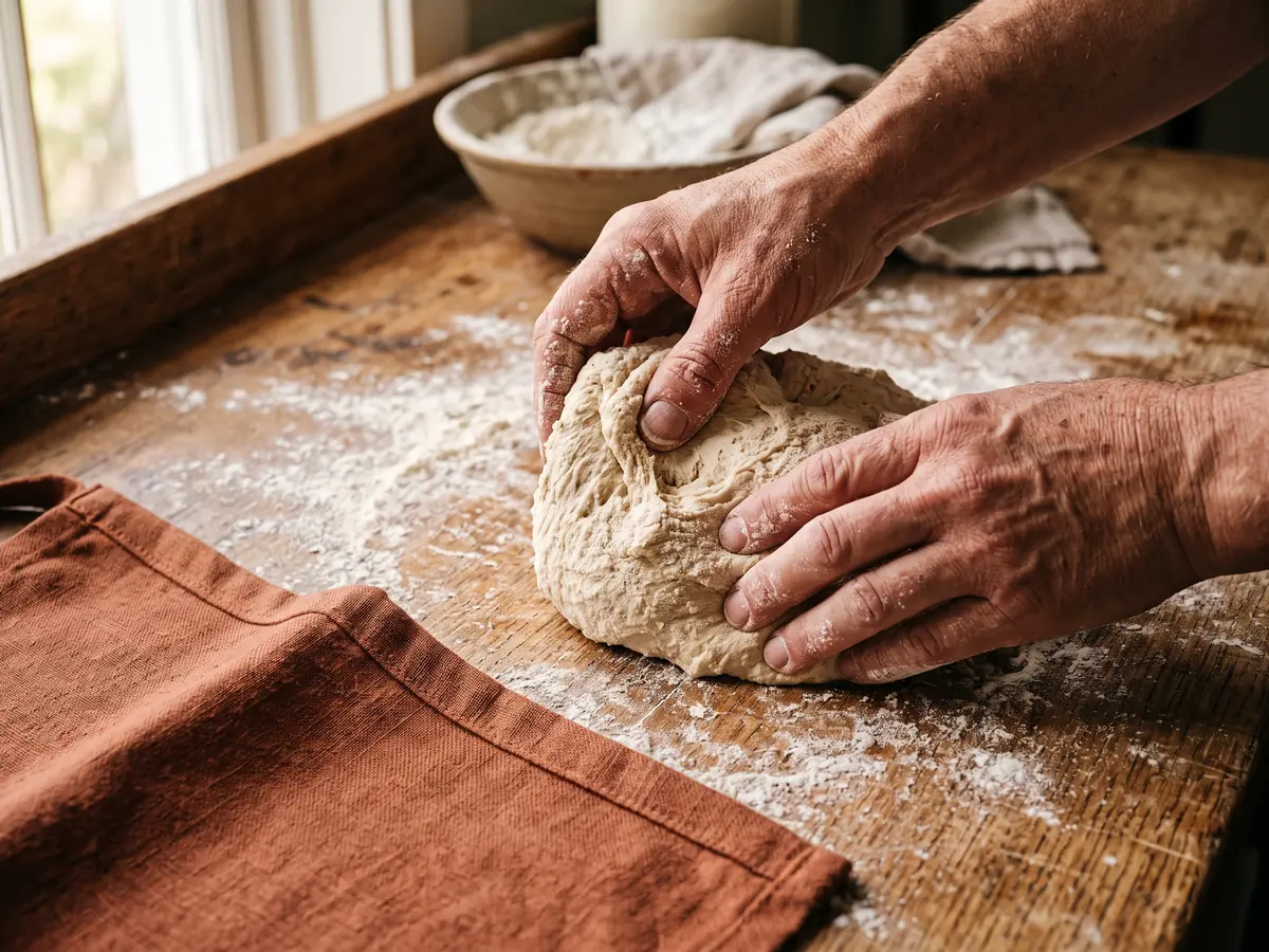 Hands shaping sourdough dough on a floured wooden bench