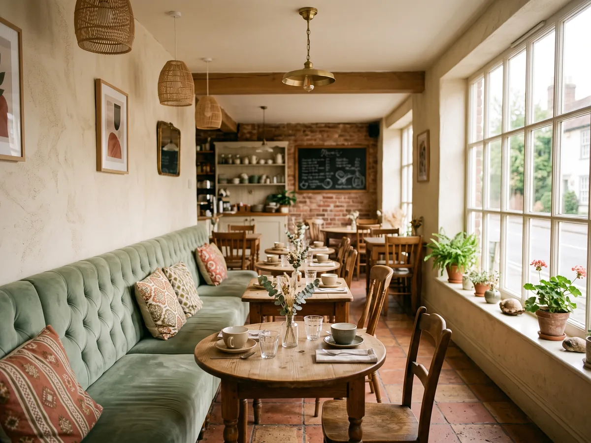 Warm café interior with sage-green banquette seating and morning light through the front window