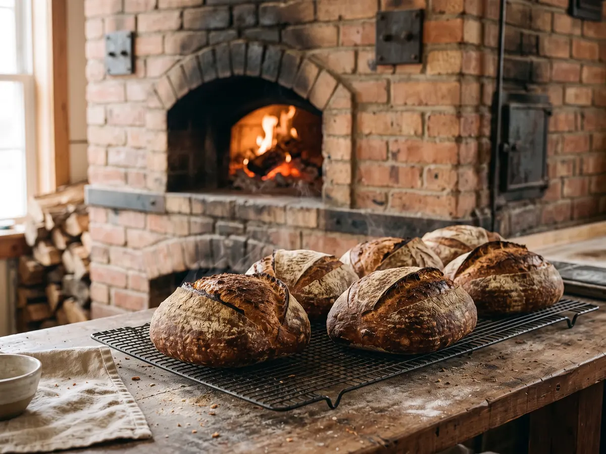 Fresh sourdough loaves cooling on a wire rack beside a brick oven