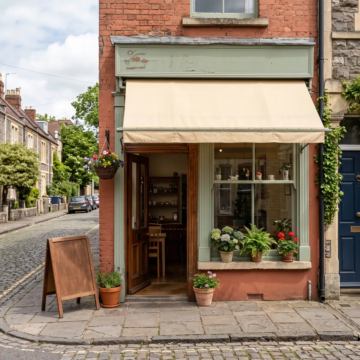 Corner & Bloom's terracotta shopfront on a Southville side street, door open, sandwich board out front